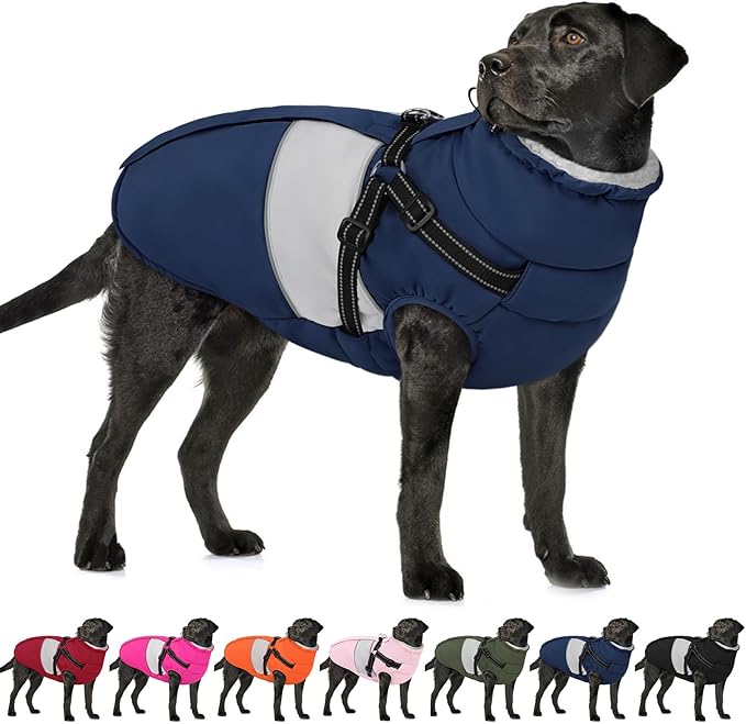 AOFITEE Dog Coat, Large Dog Jacket, Dogs Coat with Harness Built in, Reflective Waterproof Dogs Jackets Winter with Furry Collar, Warm Polar Fleece Pet Sweater Snowsuit for Doberman, Great Dane XXXL