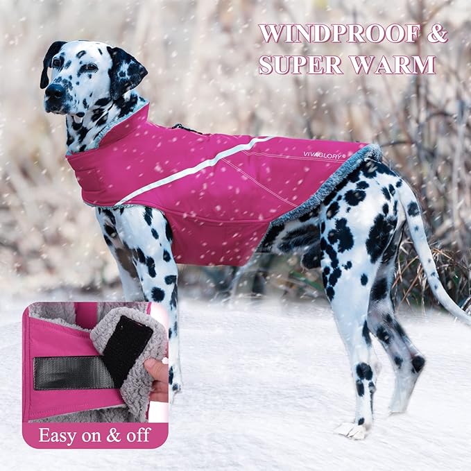 VIVAGLORY Snowrap Dog Coat, Jacket with Harness Hole & Velcro Closure, Dog Coat for Winter & Cold Weather, Fluffy Warm Fleece Lined Reflective Water Resistant for Puppy, L, Fuchsia