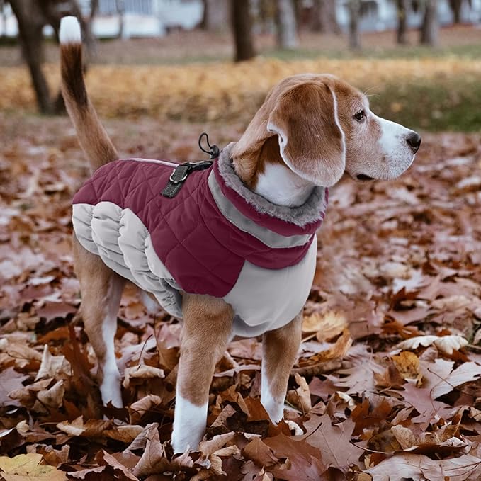 Lelepet Dog Coat Warm Dog Winter Coat Waterproof Dogs Jacket with Harness Built in Reflective Pet Fleece Vest Zip-Up Cold Weather Coats for Large Dogs Turtleneck & Windproof Boston Terrier Wine Red L
