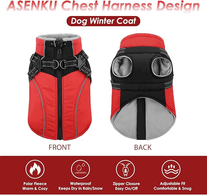 ASENKU Reflective Dog Coat with Built-in Harness, Windproof Fleece-Lined Dog Jacket for Small, Medium, Large Dogs, Warm Winter Vest with Turtleneck & Zipper (Red XL)