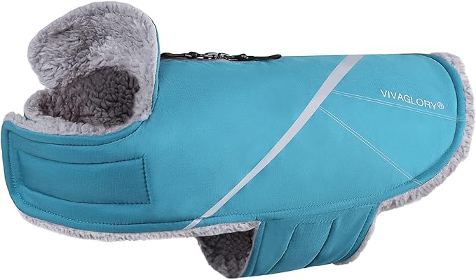 VIVAGLORY Snowrap Dog Coat, Jacket with Harness Hole & Velcro Closure, Dog Coat for Winter & Cold Weather, Fluffy Warm Fleece Lined Reflective Water Resistant for Puppy, XS, Turquoise