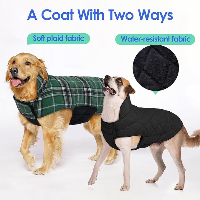 MIGOHI Reversible Winter Jacket for Dogs, Windproof Waterproof Coat for Cold Weather, British Style Plaid Warm Vest for Small Medium Large Dogs, Green 3XL