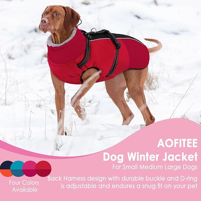 AOFITEE Dog Coat, Windproof Turtleneck Dog Jacket with Built in Harness, Reflective Dogs Jackets with Fleece Lining, Waterproof Pet Winter Coat for Cold Weather for Border Collie, Beagle, Red XL