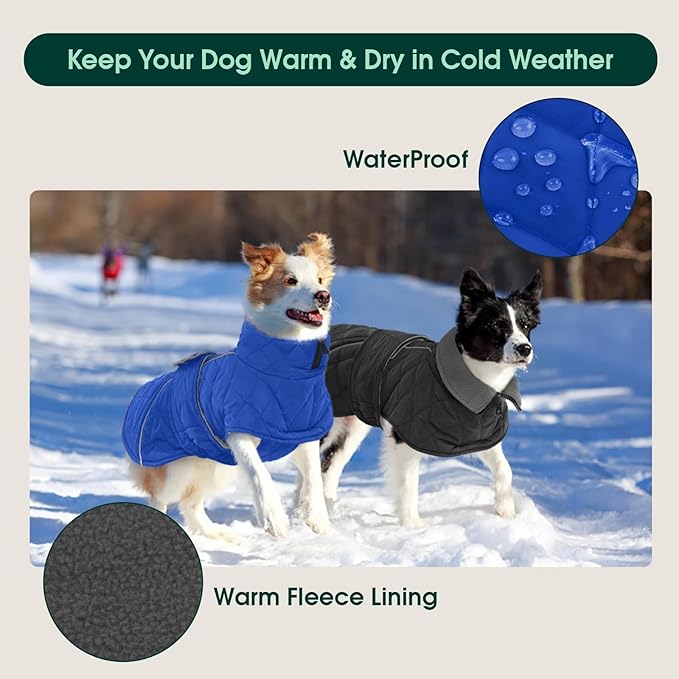 Kuoser Dog Coat, Extra Warm Dog Jacket Windproof Dogs Cold Weather Coats for Small Dogs, Fleece Lining Turtleneck Doggy Snowsuit Reflective Adjustable Pet Winter Clothes Christmas, Blue S