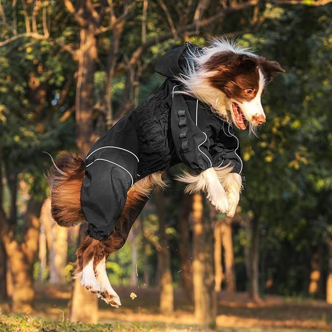OneTigris Dog Raincoat with Hood for Medium Large Dogs, Waterproof & Reflective, 4 Legs Dog Rain Jacket Adjustable Puppy Poncho for The Rain and Snow (Black, X-Large)
