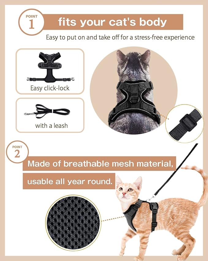 Cat Harness Escape Proof with Leash for Walking, Travel Vest Soft Chest Support, Adjustable Size, Escape Proof Soft Adjustable Vest Harnesses, Breathable, Kittens, Small Dogs (美/背縄/橙2/S)