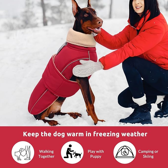 ASENKU Warm Dog Coat, Waterproof Dog Jackets for Large Dogs with Reflective Fleece Vest Turtleneck with Button,Windproof Cold Weather Coats for Small Medium Large Dogs, Dark Red, XL