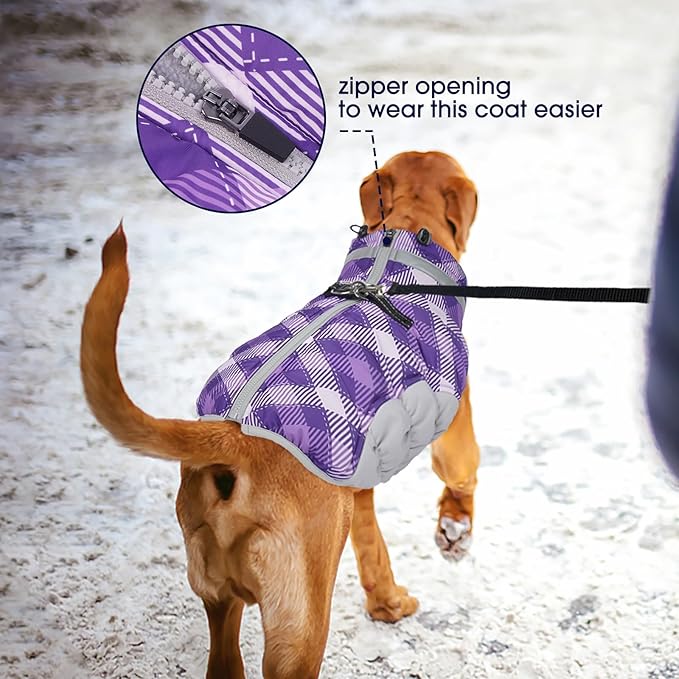 FUAMEY Dog Coat for Medium Dogs,Waterproof Dog Winter Jacket with Harness Built in Puppy Cold Weather Coats Reflective Pet Vest with Zipper Warm Fleece Dogs Snowsuit Windproof Purple Plaid M