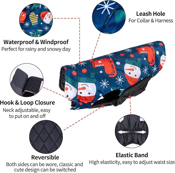 CuteBone Winter Dog Jacket Reversible Vest with Leash Hole - Windproof & Waterproof Small to Large Sizes Soft Winter Coat