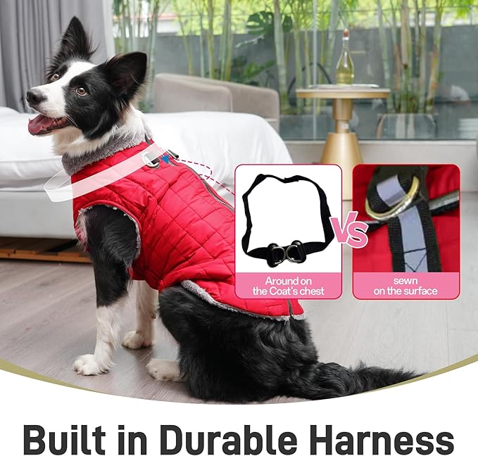 Warm Fleece Dog Coats with Durable Harness Buitl in D-Ring,Waterproof Puppy Jacket for Small Dogs,Dog Vest for Cold Winter,Red M