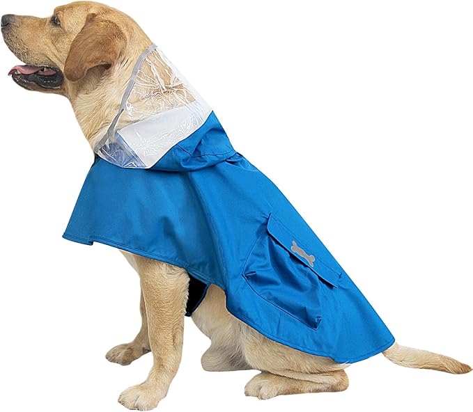 Dog Raincoat Waterproof, Adjustable Reflective Hooded Dog Rain Poncho with Leash Hole for Small Medium Large Dogs (Blue, Large)