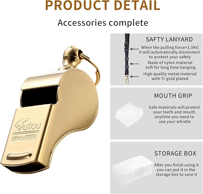 HUTOU Whistle L5523CTJ Brass Golden Whistle with Lanyard, Metal Whistle for Coaches and Police