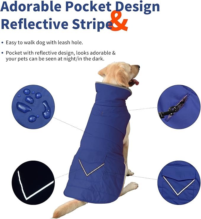 Dog Coat, Waterproof Dog Winter Jacket with Pocket, Reflective Adjustable Pet Snow Vest, Warm Cozy Fleece Sweater for Small Medium Extra Large Dogs - Blue, XL