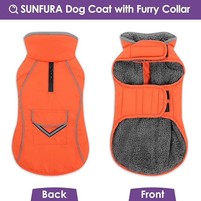 SUNFURA Dog Coat, Warm Dog Coat XXL Puffer Jacket with Harness Hole, Reflective Pet Snow Jacket Turtleneck Fleece Vest for Weimaraner, Labrador, Golden Retriever, Orange 2XL