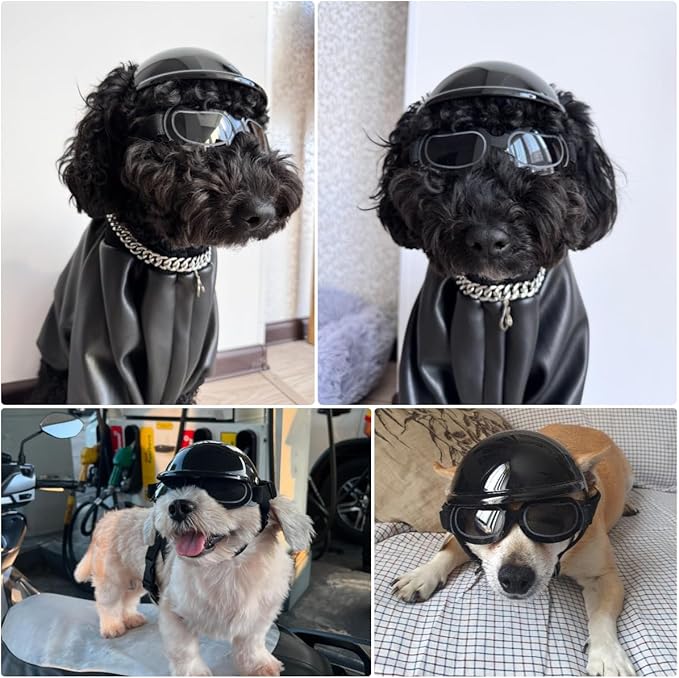 Dog Helmet and Goggles Small Breed, UV Protection Dog Goggles and Motorcycle Helmet with Ear Holes Adjustable Straps for Outdoor Biking, Driving, Black