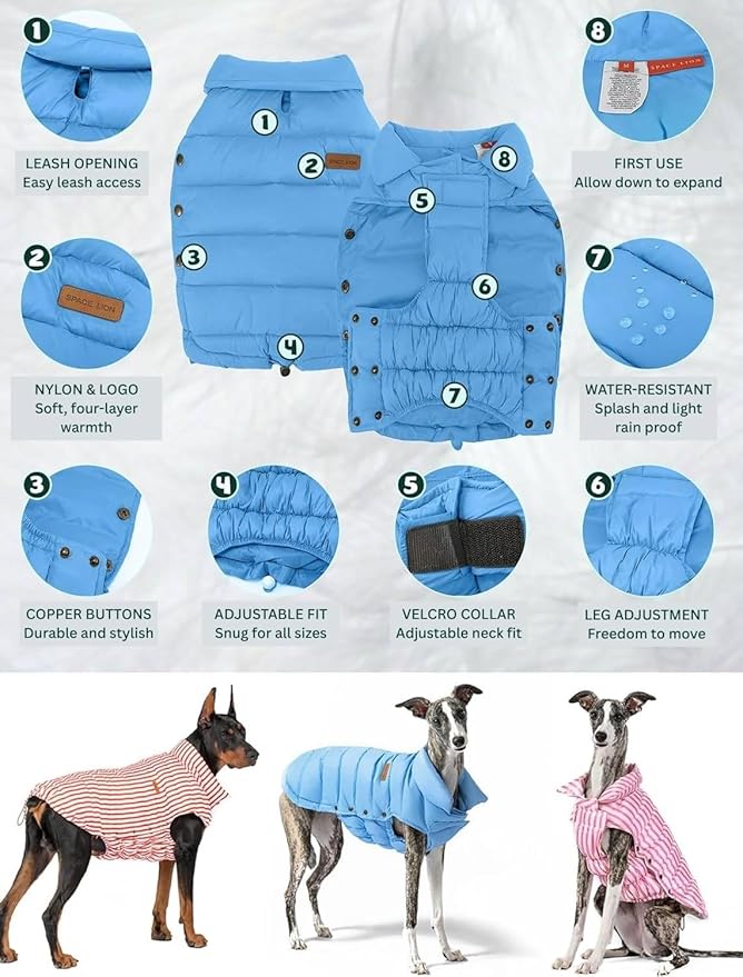 SPACE LION Dog Puffer Jacket, Down Winter Coat, Durable Outdoor Coat for Cold and Windy Conditions, Waterproof, Lightweight Jacket, Adjustable Fit for Small, Medium, Large Dogs(Alaskan Blue,28/4XL)