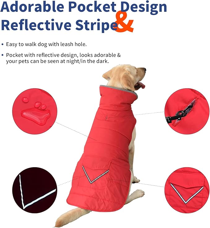 Dog Coat, Waterproof Dog Winter Jacket with Pocket, Reflective Adjustable Pet Snow Vest, Warm Cozy Fleece Sweater for Small Medium Extra Large Dogs - Red, 2XL