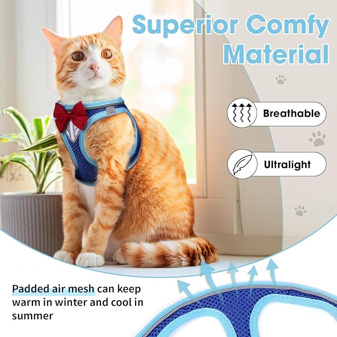 Cat Vest Harness and Leash Set for Walking Escape Proof, Adjustable Kitten Harness Breathable Mesh with Reflective Strips Harness for Kitty Puppy Bunny (Blue, XS)