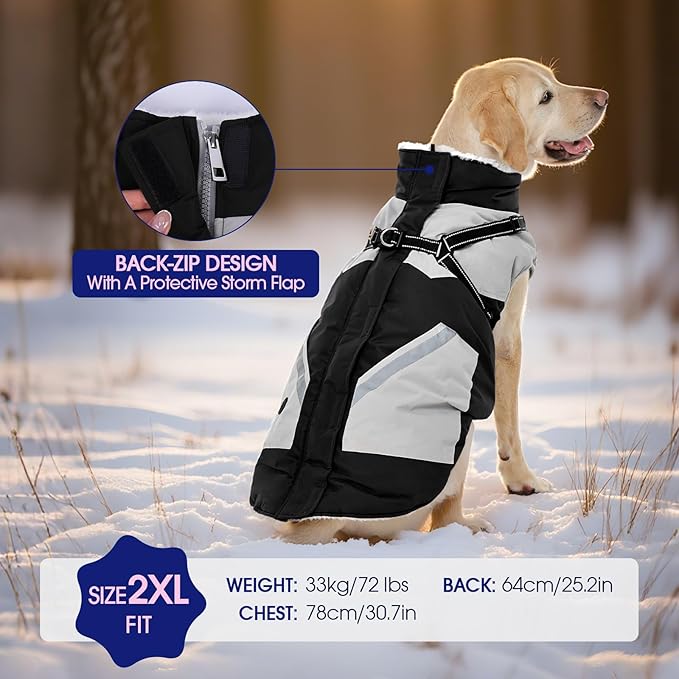 FUAMEY Dog Winter Jackets for Medium Dogs,Dog Coat with Harness Built in,Waterproof Dogs Snowsuits Warm Pet Jacket Zip Up Fleece Cold Weather Coats Reflective Puppy Vest with Pocket Black M