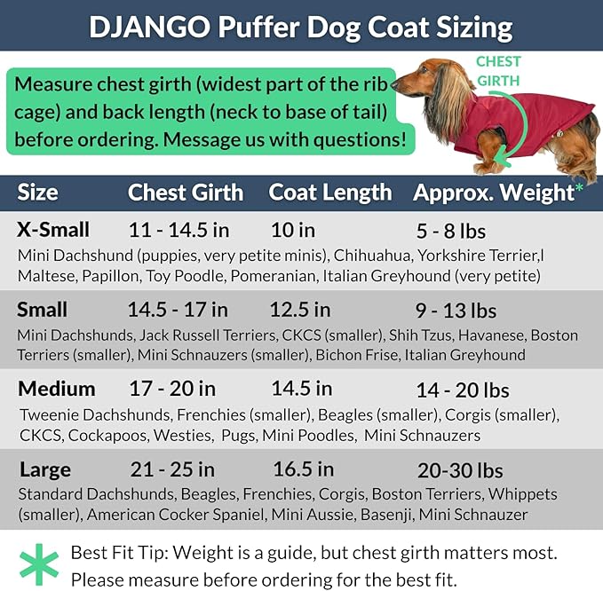 DJANGO Reversible Puffer Dog Coat – Warm Winter Dog Jacket & Water-Repellent Insulated Dog Coat with Harness Hole, Windproof, Adjustable Fit for Small & Medium Dogs, Dachshunds – Lava Red, X-Small