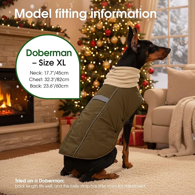 ASENKU Dog Coat, Dog Winter Jackets with Fleece Turtleneck, Windproof, Reflective Pet Snow Jacket for Cold Weather, Coats for Extra Large Size Dogs Army Green, XXXL