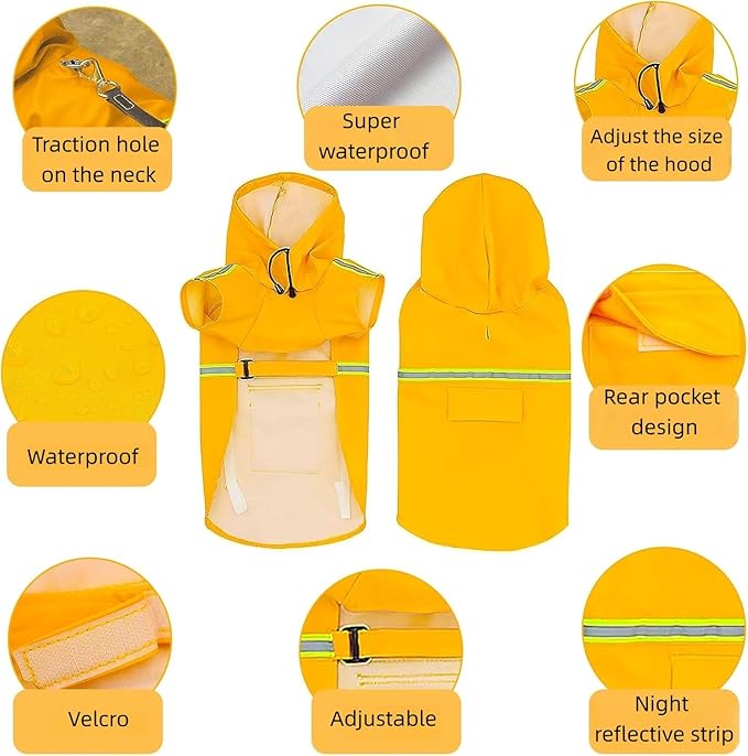 Reflective Strip Dog Raincoat, Ultra - Light Breathable Waterproof Rain Jacket with Hood, Adjustable Sizes for Small/Medium/Large Dogs, (2XL)
