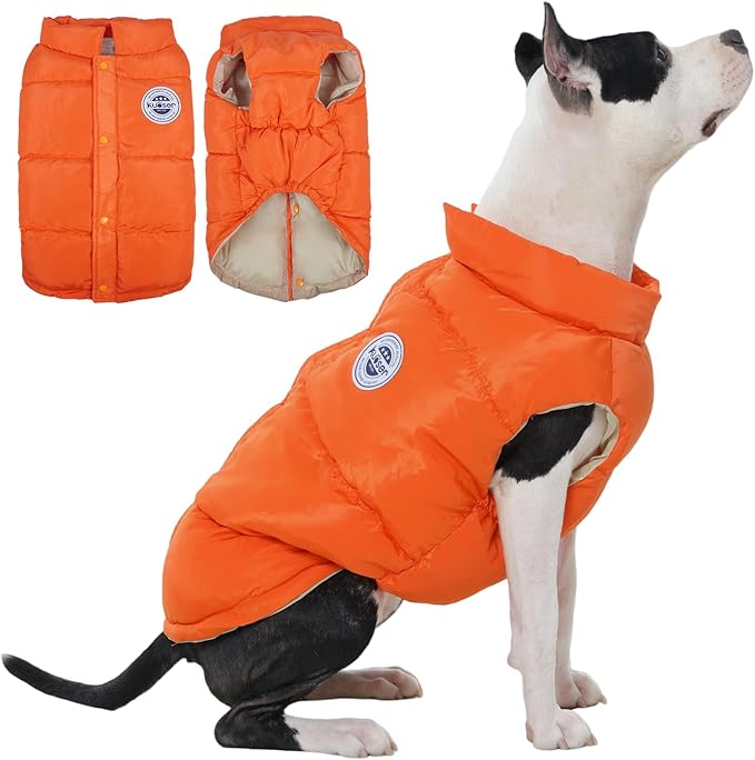 Kuoser Dog Coat Warm Dog Puffer Jacket, Windproof Dogs Padded Vest Lightweight Cold Weather Coats Pet Snowsuit Soft Puppy Winter Clothes for Medium Large Dogs, Button Design, Easy On/Off, Orange L