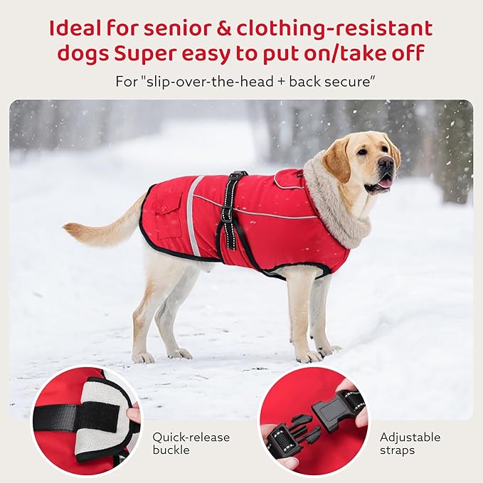 Dog Coat, Warm Dog Winter Coat Reflective Jacket Waterproof Fleece Vest, Pet Jacket Cozy for Cold Weather, Dogs Snowsuit Windproof, Adjustable Buckle for Large Extra Dogs