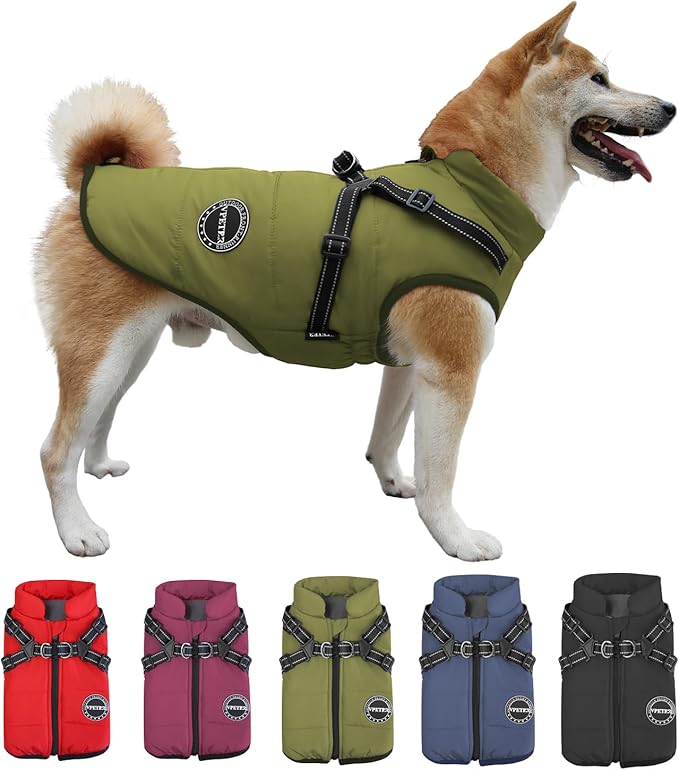 Dog Winter Coat,Warm Jacket Paded Fleece Pet Vest with Built in Harness, Windproof Reflective Cozy Adjustable Snow Pet Coat Clothes with Zipper for Small Medium Large Dogs
