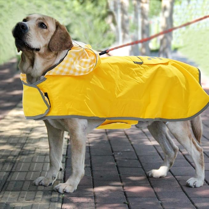 MAMORE Dog Raincoat Reversible,Waterproof Dog Rain Coat Hooded Slicker Poncho with Reflective Strip, Plaid Double Layer Rain Jacket for Small Medium Large Dogs (Yellow, Small)