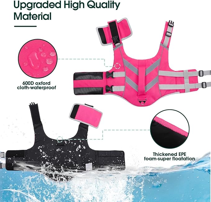 Kuoser Large Dog Life Jacket - Reflective Swim Vest for Boating, Pink XL