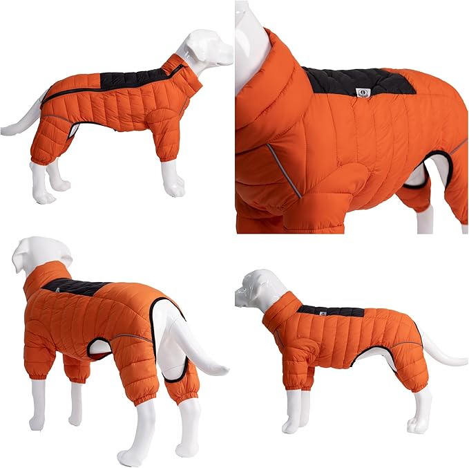 Warm Dog Coat, 4 Legs Covered Waterproof Windproof Reflective Vest, Zippered Adjustable Outdoor Snow Jacket for Small Medium Large Dogs, Orange M