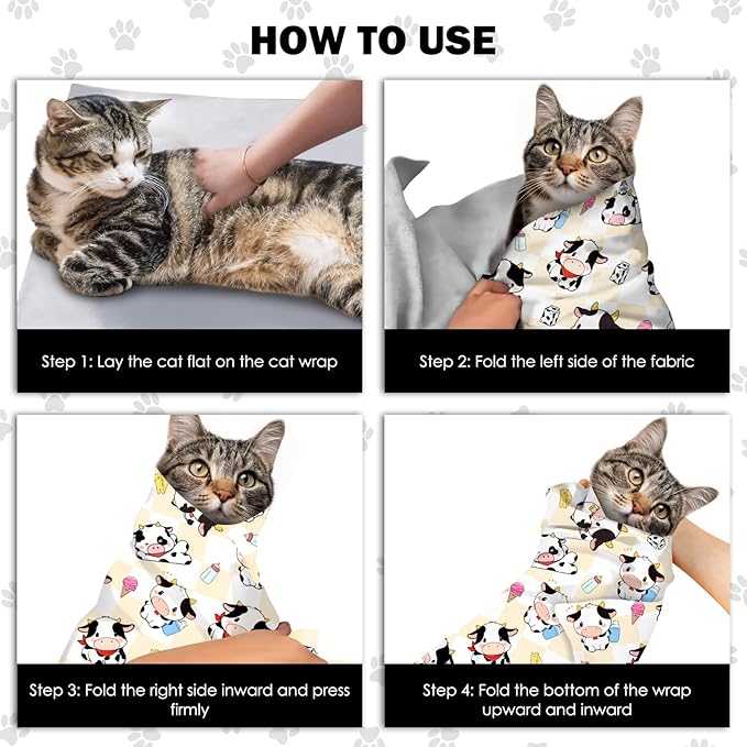 27.6" Cat Grooming Wrap, Self Adhesive Cat Wrap for Cutting Nails, Anti-Escape Calming Cat Swaddle Wrap for Medicine Ear Cleaning, Cow Anti-Scratch Cats Burrito Restraint Blanket, Pet Tool (6-10 lbs)