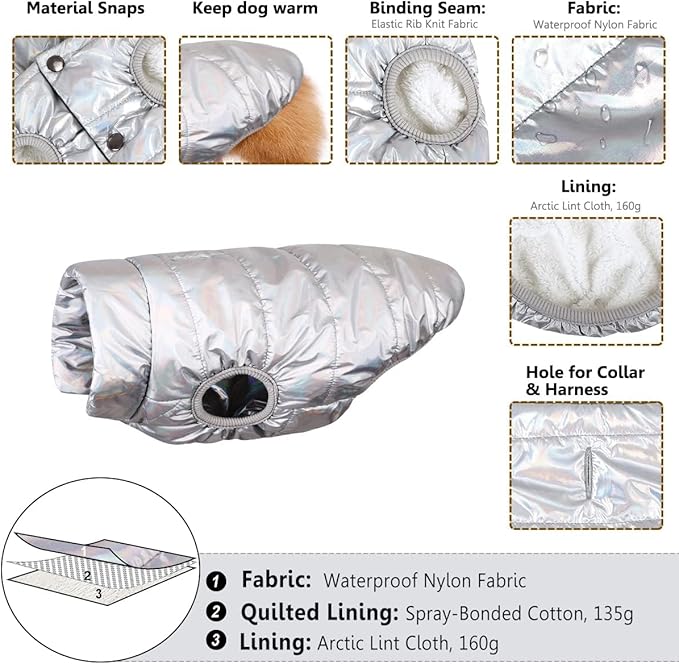 ASENKU Dog Winter Coat - Waterproof Windproof Dog Jacket, Warm Snowproof Doggie Puffer Vest for Cold Weather, Lightweight Snow Coats for Small Medium Large Dogs (Silver, M)