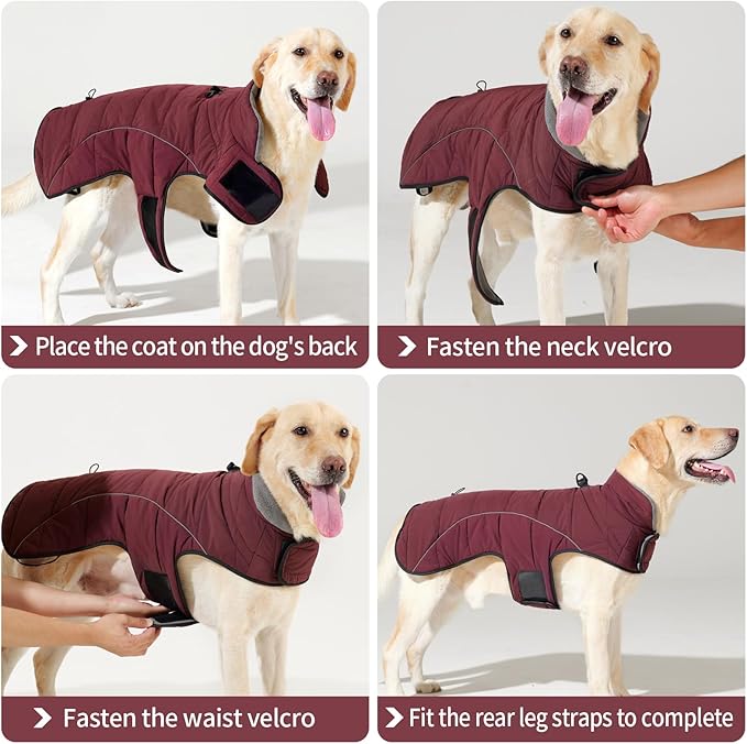 HEYWEAN Dog Winter Coat - Waterproof Windproof Reflective Vest for Medium & Large Breeds Adjustable Warm FleeceLined Jacket with Magic Tape & D-Ring for Leash Cold Weather Apparel (Red, XXX-Large)