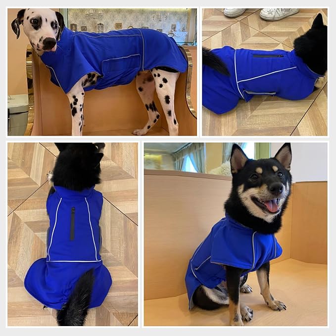 ROZKITCH Great Dane Costumes, Waterproof Windproof Dog Rain Jacket with Fleece Liner and Leash Hole Reflective Strip for Large Giant Dog, Adjustable Poncho Vest for Outdoor Hiking Travel Blue 4XL
