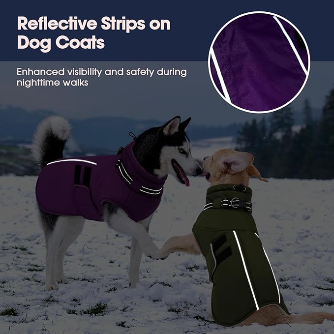 IECOii Dog Coats for Large Dogs Winter Waterproof Jacket with Collar Built in, XXL Dog Coat for Cold Weather Warm Snow Jacket with Thermal Fleece Lining, Reflective Pet Snowsuit Large, Purple - 2XL