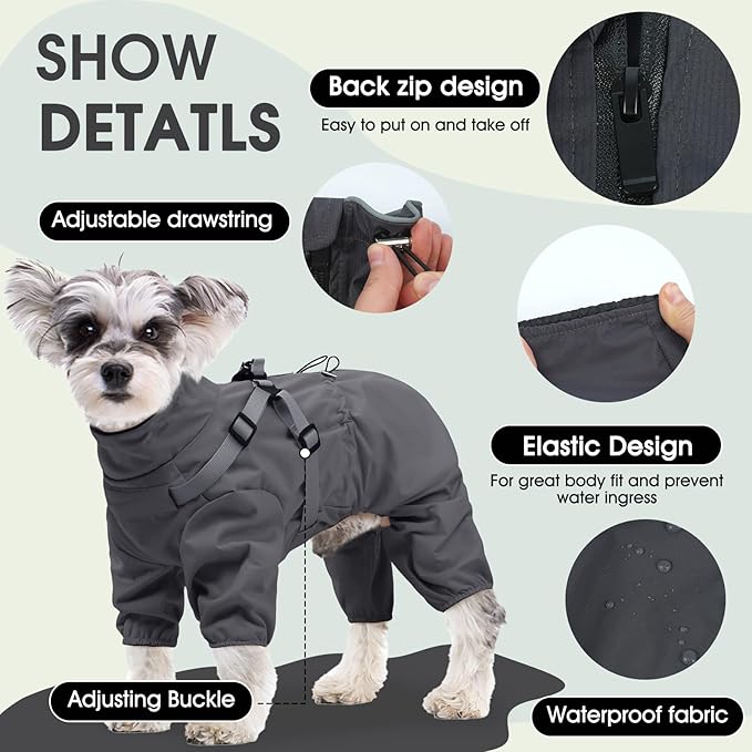 BRKURLEG Dog Raincoat with Harness for Small Dogs, Adjustable Waterproof Dog Rain Jacket, Reflective Rainproof Puppy 4 Legs Raincoat, Full Body Pet Rain Jacket, Dark Grey, XXL