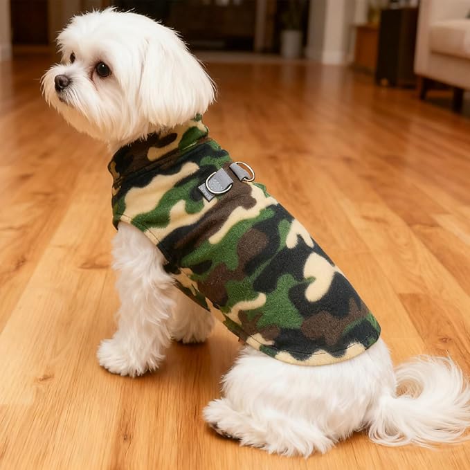 BEAUTYZOO Dog Fleece Vest Sweater Winter Jacket for Small and Medium Dogs with D-Ring Leash Cold Weather Coat Hoodie for XS S M Dogs Boy or Girls, Army Green XS