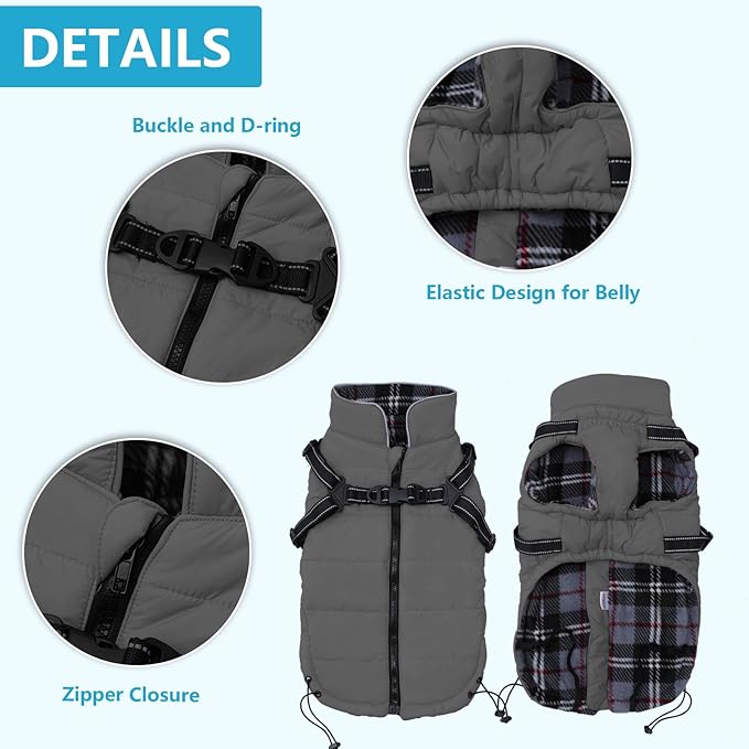 Geyecete Winter Warm Coat Waterproof Dog Winter Jacket with Harness Traction Belt,Pet Outdoor Jacket Dog Autumn and Winter Clothes for Medium, Small Dog-Gray-XS