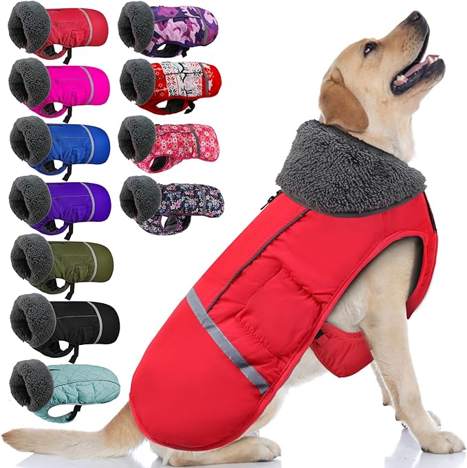 Doglay Dog Coat, Waterproof Dog Jacket Pet Winter Coat for Cold Weather with Thicken Furry Collar, Reflective Puppy Winter Jacket Warm Fleece Lining for Small Medium Large Pets