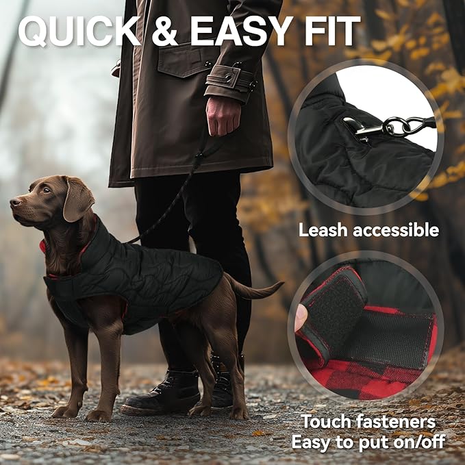 VIVAGLORY Softjoy Dog Coat, Dog Jacket for Winter & Christmas, Coat with Harness Hole & Velcro Closure, Reversible Plaid Checkered Warm Fluffy Heavy Duty for Puppy, XS, Red Black