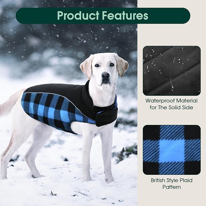 Kuoser Dog Winter Coat, Reversible Waterproof Dog Jacket with Leash Hole, Warm Dogs Fleece Vest Adjustable Doggy Cold Weather Clothes Plaid Christmas Outfit Pet Apparel for Extra Large Dogs, Blue 3XL