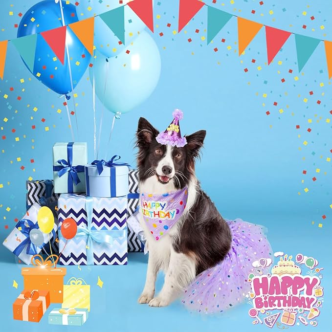 SCENEREAL Dog Birthday Bandana with Hat and Dress Girl Set, Large Dog Birthday Party Supplies, Cute Tutu Skirt Outfit for Medium Big Dogs