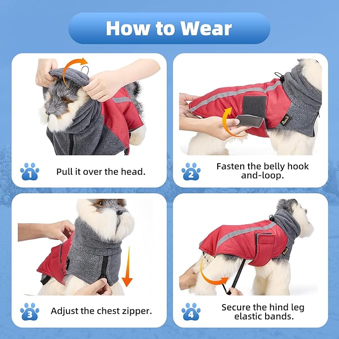 SlowTon Winter Dog Coat, Warm Polar Fleece Lining Doggie Outdoor Jacket with Turtleneck Scarf Reflective Stripe Adjustable Waterproof Windproof Puppy Vest Soft Pet Outfits (XXL,Red)