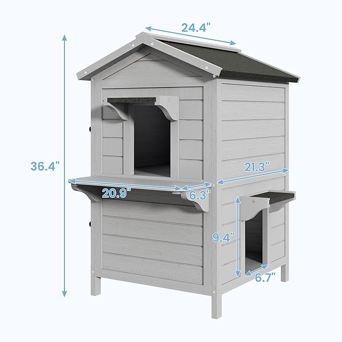 Outdoor Cat House, 2-Story Feral Cat Shelter with Weatherproof Roof for Winter, Weatherproof Wooden Cats House with Escape Doors