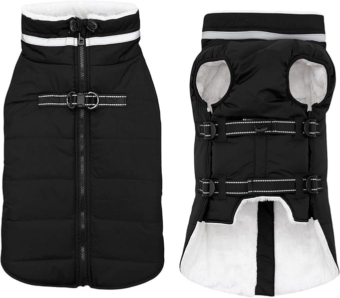 Small Dog Coat with Harness Built-in, Waterproof Reflective Fleece Lined - Warm Windproof Winter Jacket with Back Zipper, Cold Weather Snow Dog Coats - Black - S