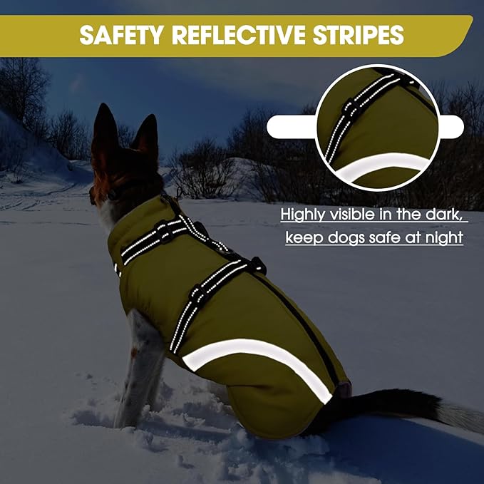 BRKURLEG Dog Winter Jackets for Medium Dogs, Dog Coat with Harness Built in, Dogs Snowsuits with Zipper, Waterproof Windproof Pet Puffer Jacket Fleece Vest for Pug, French Bulldog, Green M