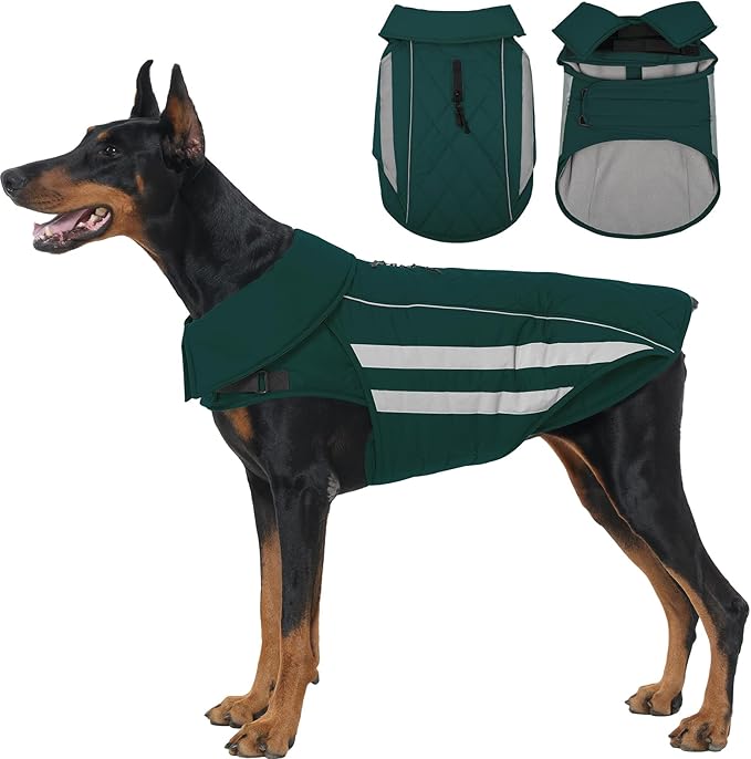IECOii Dog Jacket - Reflective & Waterproof & Adjustable Winter Warm Coats with Fleece Lined, Snow & Rain Cold Weather for German & Shepherd, Green, Sizes 2XL
