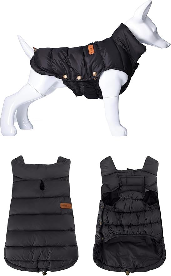 SPACE LION Dog Puffer Jacket, Down Winter Coat, Durable Outdoor Coat for Cold and Windy Conditions, Waterproof, Lightweight Jacket, Adjustable Fit for Small, Medium, Large Dogs(Black,12/M)